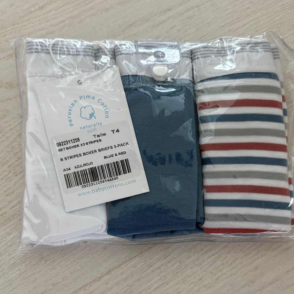 babycottons Kids Boxer Briefs 3-Pack - White, Blue, and Red Stripes